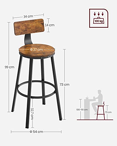 Bar Stools, Kitchen Stools, Set of 2 Tall Bar Chairs with Backrest, Steel Frame, 73 cm High Seat, Easy Assembly, Industrial, Rustic Brown and Black