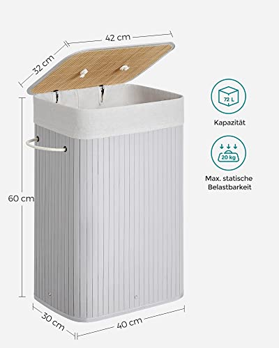 Rectangular Laundry Basket, Bamboo Laundry Basket with 3 Handles, 40 x 30 x 60 cm, Grey