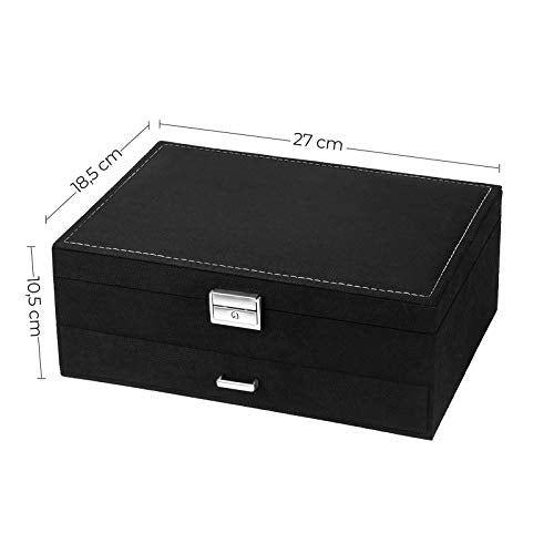 Jewellery Box, Jewellery Case, 2 Levels with a Drawer and Key, for Rings Watches Necklaces Earrings, Black