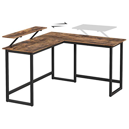 L-Shaped Desk with Screen Stand for Studying, Gaming, Working, Space-Saving, Adjustable Legs, Metal Frame, Easy Assembly, Rustic Brown  140 x 130 x 76/91.5 cm