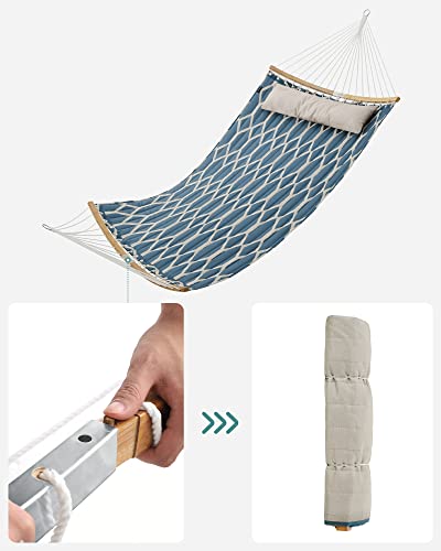 Hammock, Quilted Fabric Hammock with Detachable Curved Bamboo Spreaders, Pillow, 200 x 140 cm, Load Capacity 225 kg, Blue and Beige Rhombus