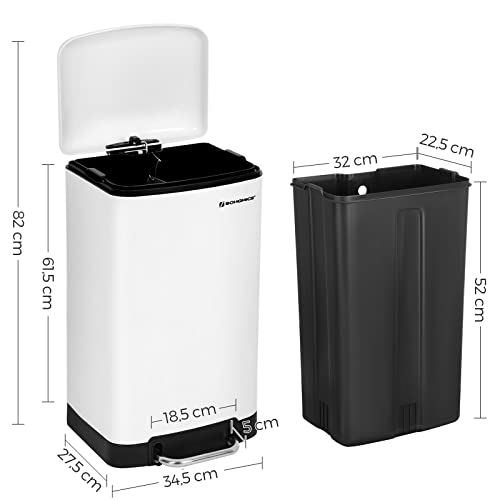 Rubbish Bin, 30L Trash Can, Steel Pedal Bin, with Inner Bucket and Lid, Soft Closure, Airtight, for Kitchen, Living Room, White