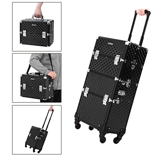 Professional Makeup Case, Travelling Beauty Trolley, Large Cosmetic Trolley for Hairdressers, Lockable Rolling Makeup Case with Universal Casters, Lid and Shoulder Strap, Black