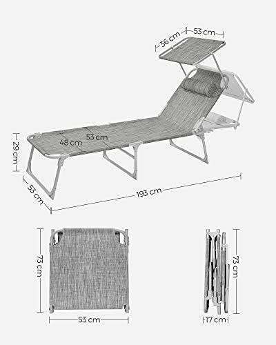 Sun Lounger, Sunbed, Reclining Sun Chair, with Headrest, Adjustable Backrest, Sunshade, Lightweight, Foldable, 53 x 193 x 29.5 cm, Load Capacity 150 kg, for Garden, Greige