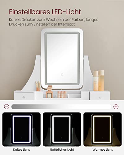 Dressing Table with LED Lighting in 3 Colours, Dressing Table with 360° Rotating Mirror, Cosmetic Table with Padded Stool, 5 Drawers, Removable Makeup Organiser, White