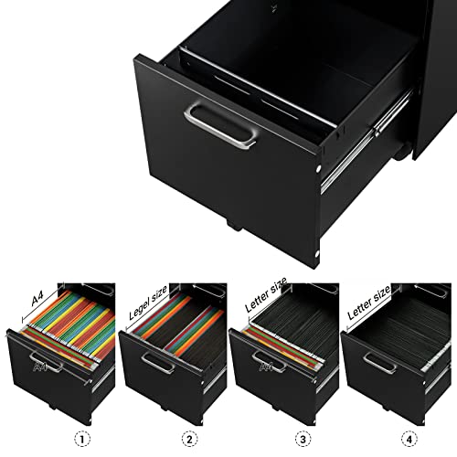 Office Chest of Drawers, Lockable File Cabinet, with 3 Drawers, Castors, for Documents, Stationery and Suspended Folders, for Office and Study, Steel, Black