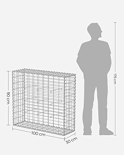 Gabion Basket, Metal Gabion Cage with 5 x 10 cm Mesh for Stones, Galvanised, Garden Decor Wall Partition, 100 x 90 x 30 cm, Silver