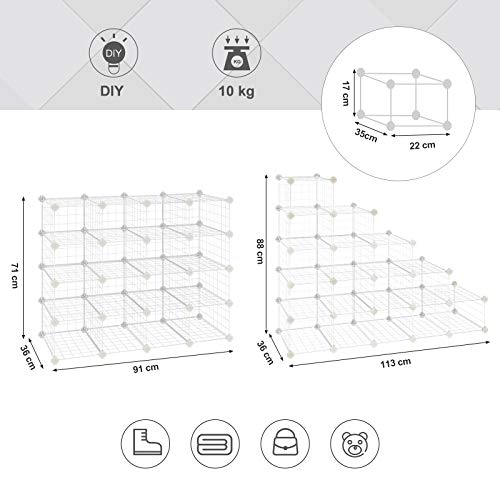 Modular Shoe Rack 15 Cubes, DIY Shelf with Metal Mesh Panels, Wardrobe Cabinet Hallway Bedroom Includes Rubber Gavel, White