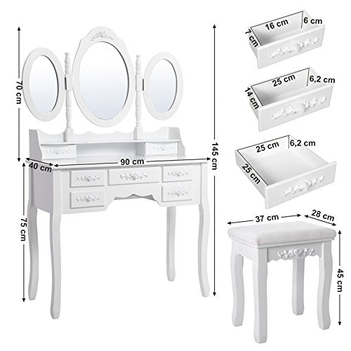 Wall-Fixed Luxurious 3 mirrors Dressing Table Set with stool, 7 drawers with 2 Dividers Make-up Dresser