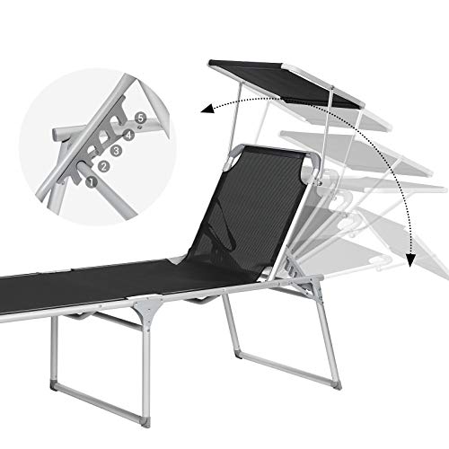 Sun Lounger, Sunbed, Large Reclining Sun Chair, 65 x 200 x 48 cm, Load Capacity 150 kg, with Reclining Backrest, Sunshade, Foldable, for Garden, Balcony, Terrace, Black