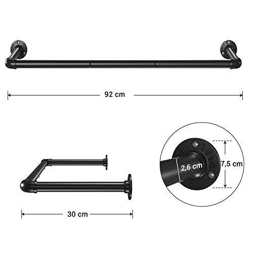 Wall-Mounted Clothes Rail, Industrial Pipe Hanging Rail for Clothes, Space-Saving, Heavy-Duty, 92 x 30 x 7.5 cm, Easy Assembly, for Small Space, Black