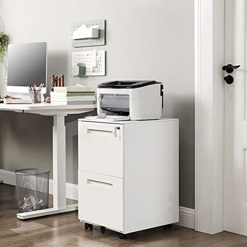 Mobile File Cabinet, with 2 Drawers, Lock, for Office Documents, Suspended Folders, Pre-Assembled, 39 x 45 x 69.5 cm (L x W x H), White