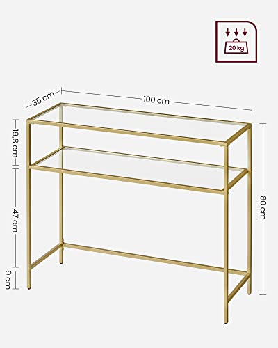 Console Table, Tempered Glass Table, Modern Sofa or Entryway Table, Metal Frame, 2 Shelves, Adjustable Feet, for Living Room, Hallway, Gold Colour