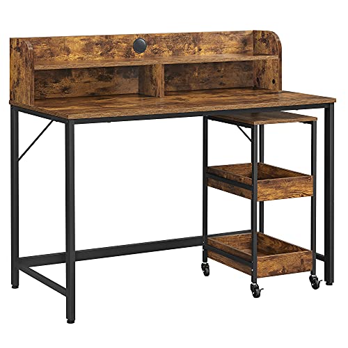 Computer Desk, Writing Study Desk with Monitor Stand, Cable Hole, 3-Tier Rolling Cart, Steel Frame, Industrial Style, Rustic Brown and Black