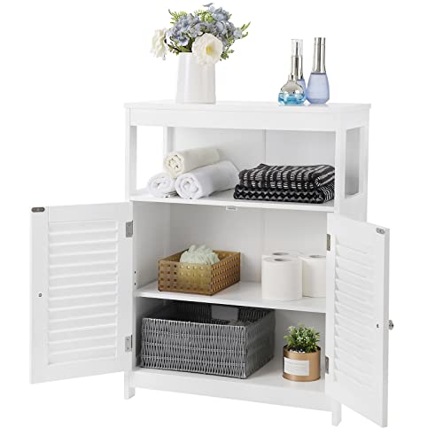 Wooden Bathroom Floor Cabinet Storage Organiser Rack, Kitchen Cupboard Free Standing, with Double Shutter Doors, White