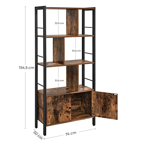 Bookshelf, Storage Shelf, Large Bookcase with Doors, 4 Shelves, Stable Steel Structure, Industrial Style, for Living Room, Office, Rustic Brown and Black