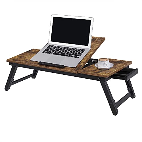 Laptop Desk for Bed or Sofa with Adjustable Tilting Top up to 14.3 Inches, Right-Left Handed Breakfast Serving Tray with Height Adjustable Folding Legs, Drawer, Rustic Dark Brown