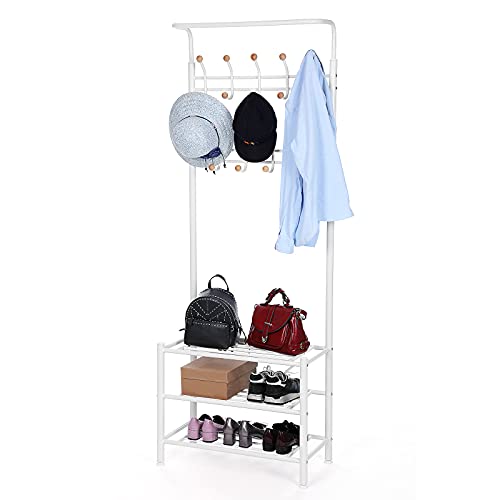 187 cm High Metal Hall Tree, Entryway Organiser, Coat Stand with 3 Shelves, Cream