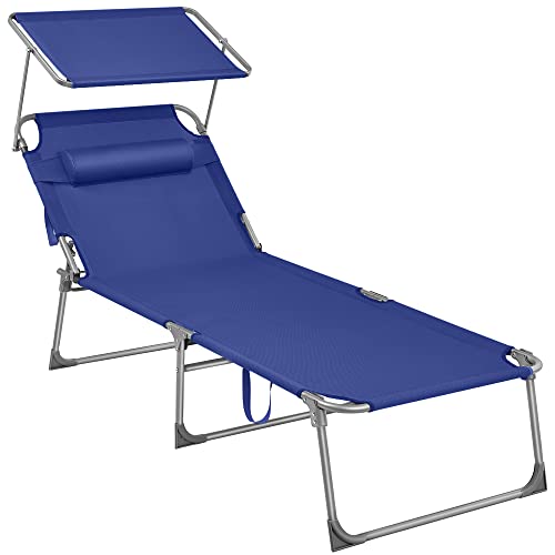 Lounger, Sunbed, Large Reclining Sun Chair, 71 x 200 x 38 cm, Load Capacity 150 kg, with Headrest, Reclining Backrest, Sunshade, Foldable, for Garden, Dark Blue