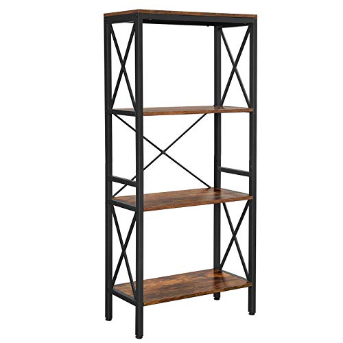 Bookshelf, Kitchen Shelf, Free Standing Shelf, Ladder Rack with 4 Open Shelves, for Corridor, Kitchen, Office, Stable Steel Frame, Industrial Style, Rustic Brown and Black