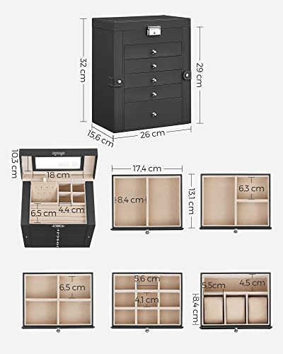 Jewellery Box 6 Tiers, Jewellery Case with 5 Drawers, Large Storage Capacity, with Mirror, Lockable, Jewellery Storage Organiser, Gift for Loved Ones, for Watches, Black