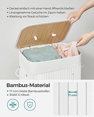 Bamboo Laundry Basket, 72L Foldable Laundry Hamper, Rectangular Storage Hamper with 3 Handles, 40 x 30 x 60 cm, White