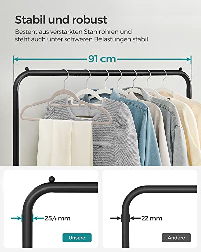 Clothes Rack on Wheels, Single-Rail Metal Garment Rack, with Storage Shelf, Top Rail Holds up to 40 kg, Black