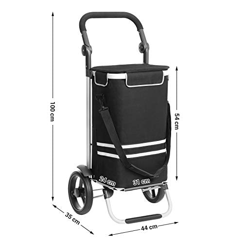 Shopping Trolley, Foldable Shopping Cart, Solid, with Insulated Cooling Bag, Large Capacity 35L, Multifunctional Luggage Cart with Wheels, Detachable Backpack, Black