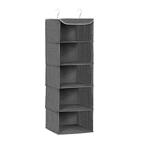 Hanging Storage Shelves, Wardrobe Clothes Organiser, Space Saving and Foldable, Metal Hooks and Bamboo Inserts, Linen Pattern, Grey