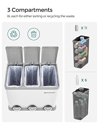 Pedal Bin, 3 x 8L Recycling Bin, 3-Compartment Metal Rubbish Bin, Waste Separation for Kitchen, Includes 15 Bin Bags, Easy to Clean, Steel, White and Grey