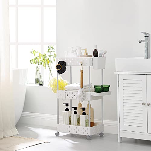 3-Tier Storage Trolley, Rolling Cart with Wheels, Bathroom Shelf with 6 Removable Hooks, 1 Tray, 1 Container, for Kitchen, Living Room, 38 x 22 x 72 cm, White