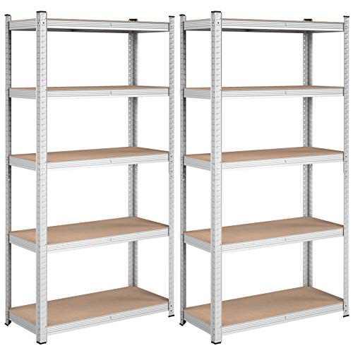 5-Tier Shelving Units, Set of 2 Steel Shelving Units for Storage, Tool-Free Assembly, for Garage, Shed, Load Capacity 875 kg, 40 x 90 x 180 cm, Silver