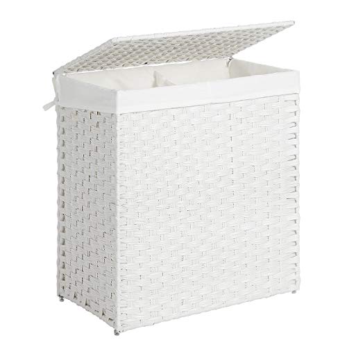 Handwoven Laundry Basket, 110L Synthetic Rattan Divided Clothes Hamper with Lid and Handles, Foldable, Removable Liner Bag, White