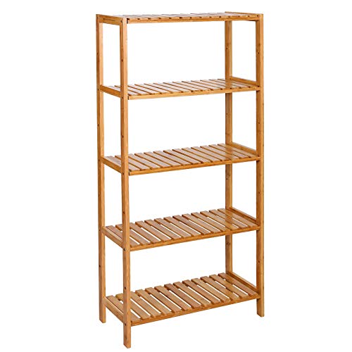 Bathroom Kitchen Storage Bamboo 5 Shelves Adjustable Floor Height Flower Stand Book Shelf natural, 60 x 26 x 130 cm