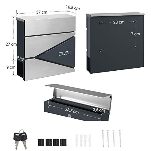 Modern Mailbox, Lockable Wall-Mounted Post Letter Box with Newspaper Holder, Easy to Install, Anthracite Grey and Silver