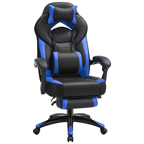 Gaming Chair, Office Racing Chair with Footrest, Ergonomic Design, Adjustable Headrest, Lumbar Support, 150 kg Weight Capacity, Black and Blue