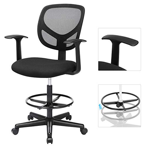 Office Chair Ergonomic Work Stool with Armrests Seat Height 55-75 cm High Work Chair with Adjustable Foot Ring Load Capacity 120 kg Black