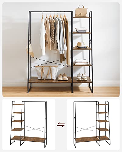 Clothes Rail, Clothes Rack with Shoe Shelf, 5-Tier Storage Rack, 6 Side Hooks, for Bedroom, Living Room, Rustic Brown and Black