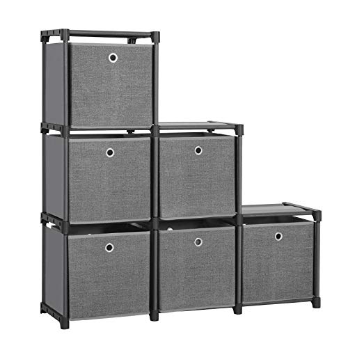 Ladder Storage Unit, 6 Cubes with 6 Storage Boxes, DIY Closet Organiser, Multifunctional with Modular Design, Sturdy Metal Frame, Includes Rubber Mallet, 105 x 30 x 105 cm, Black