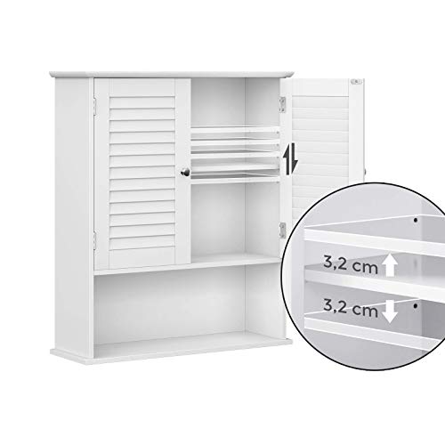 Wall Cabinet, Hanging Bathroom Storage Cabinet, Medicine Cupboard with Adjustable Shelf, Double Shutter Doors and Open Shelf, 60 x 20 x 70 cm, Wooden, White