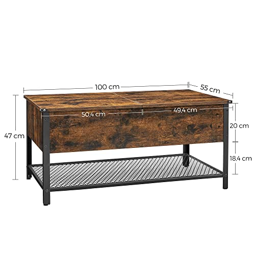 Coffee Table, Living Room Table with Flip Lid, Hidden Storage Compartment and Mesh Shelf, Steel Frame, for Living Room, Industrial, 100 x 55 x 47 cm, Rustic Brown and Black