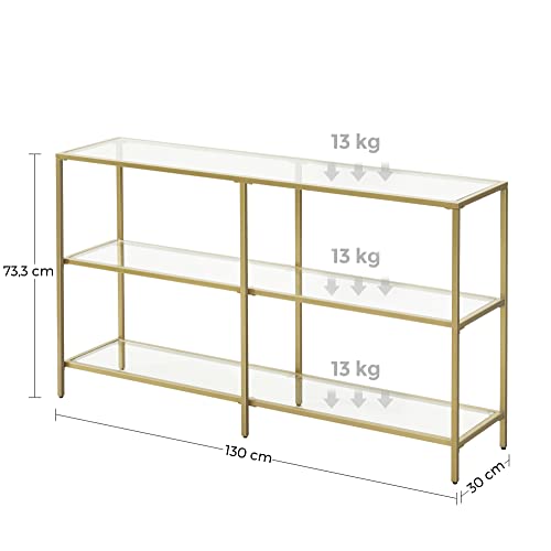 Console Table, Sofa Table with 3 Shelves, Tempered Glass Shelf, 130 x 30 x 73.3 cm, Metal Frame, Modern, for Hallway Living Room Bedroom, Gold Colour