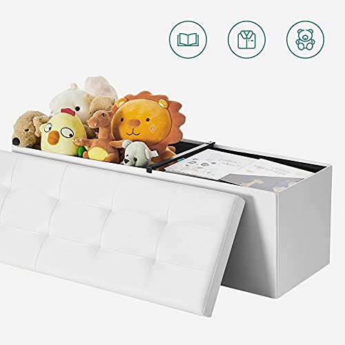 120L Folding Ottoman Bench Storage Box Storage Cube Flipping Lid Shoe Bench Footstool Load Capacity of 300 Kg White 110 x 38 x 38 cm