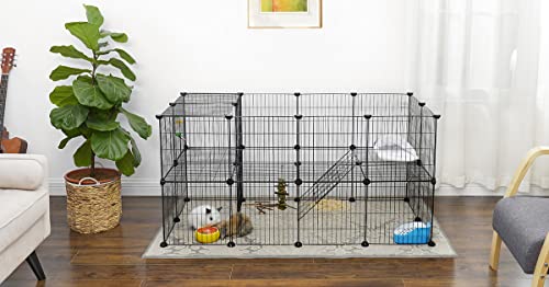 2-Floor Metal Pet Playpen, 36 Grid Panels, Customisable Cage Enclosure for Small Animals, Guinea Pigs Hamster Runs, Rabbit Hutches, Includes Mallet, Indoor Use, 143 x 73 x 71 cm, Black