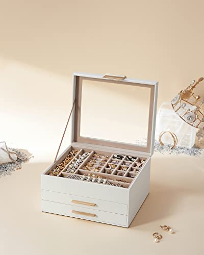 Jewellery Box with Glass Lid, 3-Layer Jewellery Organiser with 2 Drawers, Jewellery Storage, Plenty of Storage Space, Modern Style, Gift for Loved Ones, Cloud White and Gold