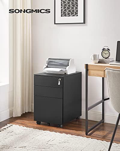 Mobile File Cabinet with 3 Drawers Lockable Steel Pedestal with Suspension File Hanging Rails, Fully Assembled Except Casters, Black