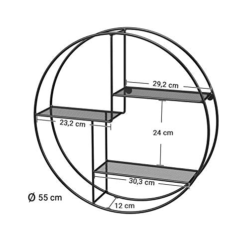 Industrial Metal Wall Shelf, Round Floating Shelf With 3 Metal Mesh Panels, With 2 Screws, 55 Dia. X 12 cm, for Living Room, Office, Kitchen, Decoration, Black