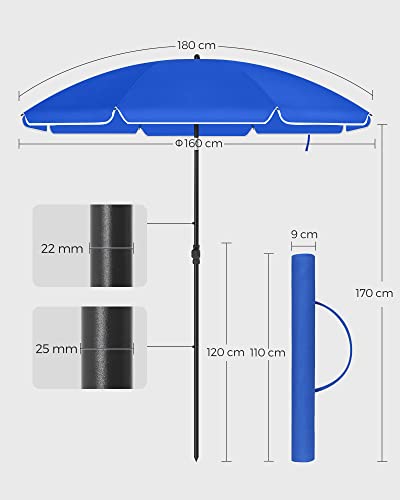 1.6 m Parasol, Beach Umbrella, UPF 50+, Sun Protection, Portable Octagonal Polyester Canopy, Fibreglass Ribs, Tilt Mechanism, Carry Bag, for Beach Garden Balcony Pool, Blue