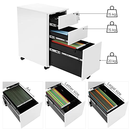 Mobile File Cabinet, Office Cabinet with Wheels and Lock, for A4, Legal, Letter Sized Documents, Hanging File Folders, White