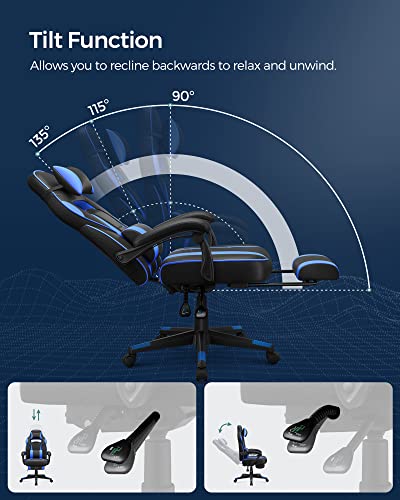 Gaming Chair Desk Chair with Footrest, Office Chair with Headrest and Lumbar Cushion, Height-Adjustable, Ergonomic, 90-135° Tilt Angle, Load 150 kg Black + Blue